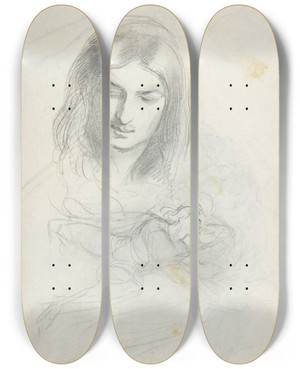 Triptych art skateboard deck of Theodor Von Holst Head Of A Man And Figure Studies by Theodor Von Holst (1810-1844)