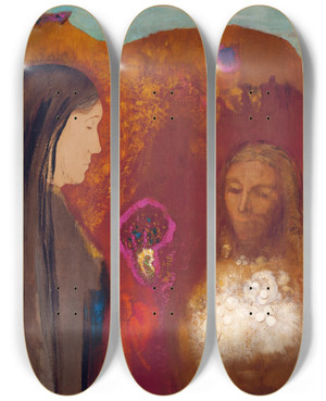 Triptych art skateboard deck of Odilon Redon Christ And The Samaritan Woman The White Flower Bouquet by Odilon Redon (1840-1916)