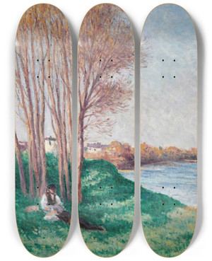 Triptych art skateboard deck of Maximilien Luce Le Repos Sur Les Bords De La Loire Saintay by Maximilien Luce (1858-1941)
