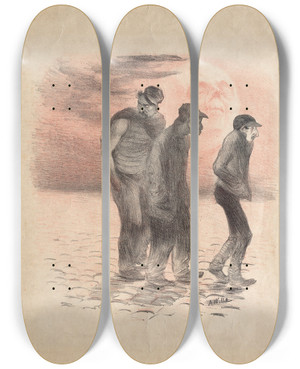 Triptych art skateboard deck of Adolphe Lon Willette Paris Scenes And Murderers by Adolphe Leon Willette (1857-1926)