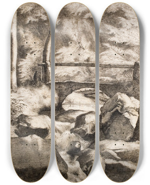 Triptych art skateboard deck of Heinrich Dreber A Bridge Over A Forest Stream by Heinrich Dreber (1822-1875)