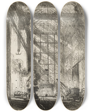 Triptych art skateboard deck of Joseph Pennell Bringing In The Gun by Joseph Pennell (1857-1926)