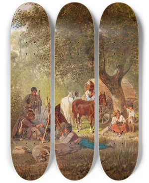 Triptych art skateboard deck of Franz Quaglio Midday Rest by Franz Quaglio (1844-1920)