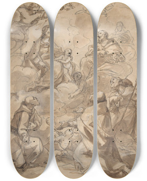 Triptych art skateboard deck of Charlesjoseph Natoire The Holy Family Appearing To St Francis St Augustine And St Roch by Charles Joseph Natoire (1700-1777)