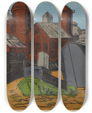Triptych art skateboard deck of Fred Carlo Tugboat by Fred Carlo (1911-1987)