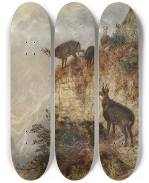 Triptych art skateboard deck of Julius Arthur Thiele Chamois In The Mountains by Julius Arthur Thiele (1841-1919)