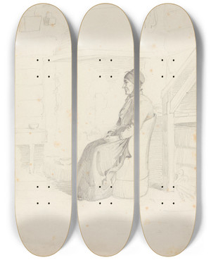 Triptych art skateboard deck of Adolph Tidemand Kvinne I Kubbestol by Adolph Tidemand (1814-1876)
