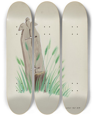 Triptych art skateboard deck of Majel G Claflin Wooden Grave Marker by Majel G Claflin (1893-1941)