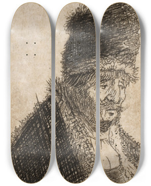 Triptych art skateboard deck of Rembrandt Van Rijn Old Man In Fur Coat And High Cap Bust by Rembrandt Van Rijn (1606-1669)