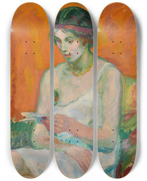 Triptych art skateboard deck of Magnus Enckell Woman In Her Petticoat by Magnus Enckell (1870-1925)