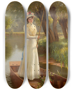 Triptych art skateboard deck of Frank Percy Wild Punting On The Thames by Frank Percy Wild