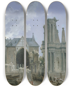 Triptych art skateboard deck of Hubert Robert Leglise Des Feuillants En Dmolition by Hubert Robert (1733-1808)