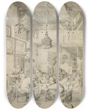 Triptych art skateboard deck of Cornelis Dusart Peasants Playing Backgammon And Merrymaking In A Tavern by Cornelis Dusart (1660-1704)