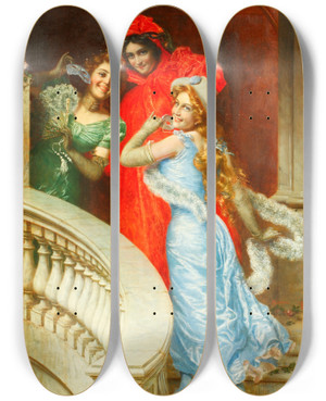 Triptych art skateboard deck of Gaetano Bellei Off To The Masquerade by Gaetano Bellei (1857-1922)
