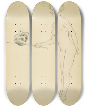 Triptych art skateboard deck of Armand Rassenfosse Standing Naked Woman With A Stick And A Skull by Armand Rassenfosse (1862-1934)