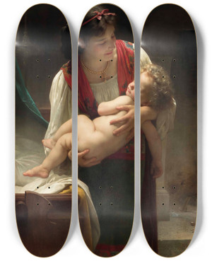 Triptych art skateboard deck of William Bouguereau Berceuse Le Coucher by William Bouguereau (1825-1905)