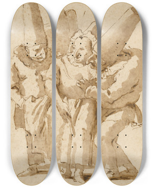 Triptych art skateboard deck of Giovanni Battista Tiepolo Punchinellos Approaching A Woman by Giovanni Battista Tiepolo (1696-1770) Triptych art skateboard deck of Giovanni Battista Tiepolo Punchinellos Approaching A Woman by Giovanni Battista Tiepolo (1696-1770)