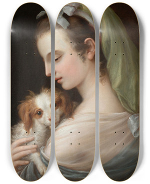 Triptych art skateboard deck of German School A Woman With A King Charles Spaniel by German School
