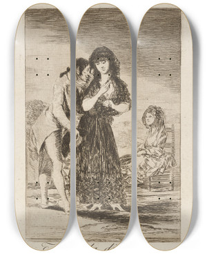 Triptych art skateboard deck of Francisco De Goya Ni Asi La Distingue Even Thus He Cannot Make Her Out by Francisco de Goya (1746-1828)