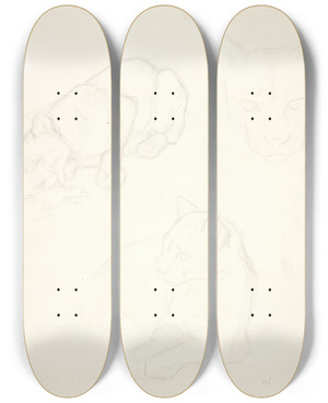 Triptych art skateboard deck of Svend Rathsack Tre Studier Af En Lveunge by Svend Rathsack (1885-1941)