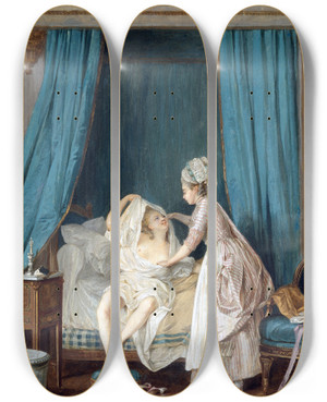 Triptych art skateboard deck of Niklas Lafrensen Lady Getting Out Of Bed by Niklas Lafrensen (1737-1807)