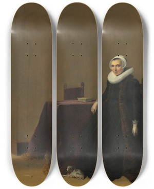 Triptych art skateboard deck of Hendrik Gerritsz Pot Portrait Of A Woman With A Dog by Hendrik Gerritsz Pot (1580-1657)
