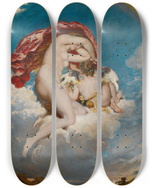 Triptych art skateboard deck of William Etty Venus And Cupid Descending by William Etty (1787-1849)