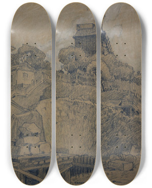 Triptych art skateboard deck of Ferdinand Boberg Un Moulin Dans Le Haut De Montmartre by Ferdinand Boberg (1860-1946)