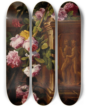 Triptych art skateboard deck of Abraham Brueghel Roses In A Garden With A Sculpted Plinth by Abraham Brueghel (1631-1697)