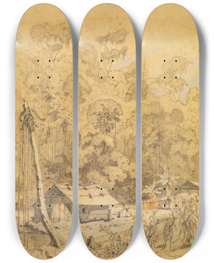 Triptych art skateboard deck of Ferdinand Keller Siedlung Im Urwald by Ferdinand Keller (1842-1922)