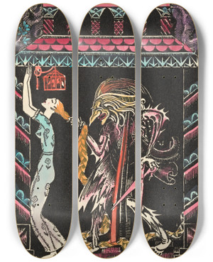 Triptych art skateboard deck of Kay Rasmus Nielsen Rapunzel by Kay Rasmus Nielsen (1886-1957)