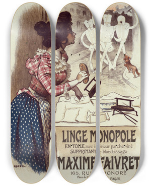 Triptych art skateboard deck of Auguste Roedel Linge Monopole by Auguste Roedel (1859-1900)
