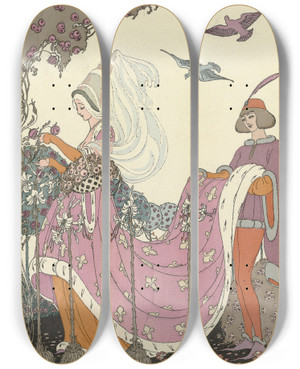 Triptych art skateboard deck of Gerda Wegener La Jolie Cueillette by Gerda Wegener (1886-1940)