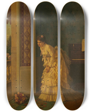 Triptych art skateboard deck of Auguste Toulmouche The Surprise Bouquet by Auguste Toulmouche (1829-1890)