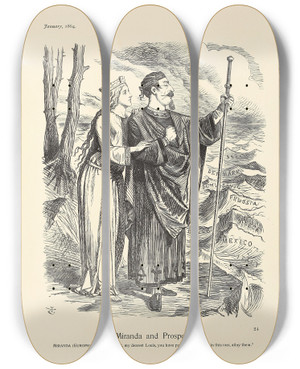 Triptych art skateboard deck of Sir John Tenniel Miranda And Prospero by Sir John Tenniel (1820-1914)