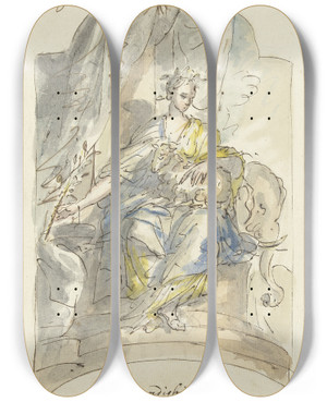 Triptych art skateboard deck of Elias Van Nijmegen Zachtmoedigheid by Elias Van Nijmegen (1667-1755)
