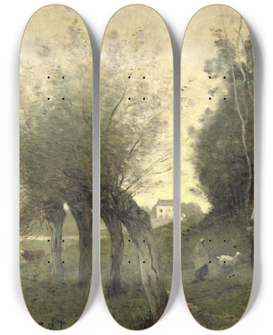 Triptych art skateboard deck of Jeanbaptistecamille Corot Landscape With Pollard Willows by Jean-Baptiste-Camille Corot (1796-1875)