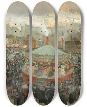 Triptych art skateboard deck of Louis Abeltruchet Fairground With The Sacrcoeur In The Background by Louis Abel-Truchet (1857-1918)