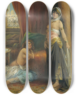 Triptych art skateboard deck of Henri Adrien Tanoux Harem Beauty by Henri Adrien Tanoux (1865-1923)