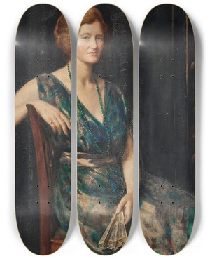 Triptych art skateboard deck of John Collier Portrait Of A Lady Thought To Be Mrs Geoffrey Pynam Of Guildford by John Collier (1850-1934)