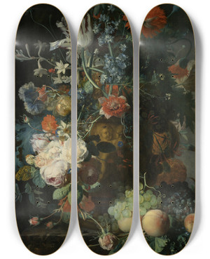 Triptych art skateboard deck of Jan Van Huysum Still Life With Flowers And Fruit_1 by Jan Van Huysum (1682-1749)