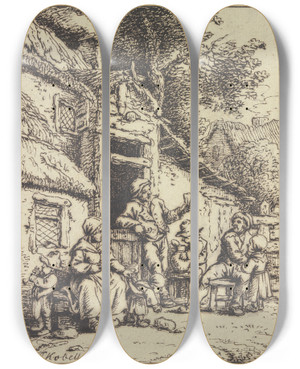 Triptych art skateboard deck of Ferdinand Kobell Bauernpaar Mit Fnf Angehrigen Vor Einem Haus by Ferdinand Kobell (1740-1799)