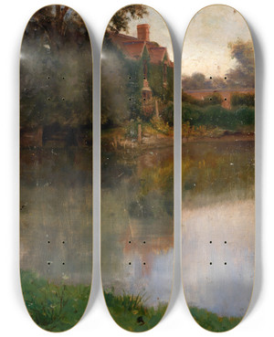 Triptych art skateboard deck of Eliphalet Fraser Andrews Edge Of A Stream by Eliphalet Fraser Andrews (1835-1915)