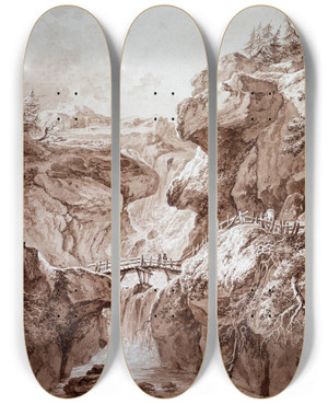 Triptych art skateboard deck of Johann Heinrich West Wasserfall In Einer Felsenschlucht by Johann Heinrich Wuest (1741-1821)