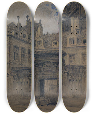 Triptych art skateboard deck of Ferdinand Boberg La Maison Du N4 De La Rue Du Jour by Ferdinand Boberg (1860-1946)