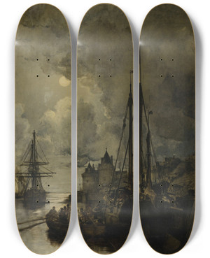 Triptych art skateboard deck of Julesachille Nol Ville En Bord De Mer Au Clair De Lune by Jules-Achille Nol (1815-1881)