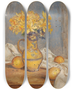 Triptych art skateboard deck of Wadysaw Lewiski Daffodils In A Vase And Lemons by Wadysaw lewiski (1854-1918)