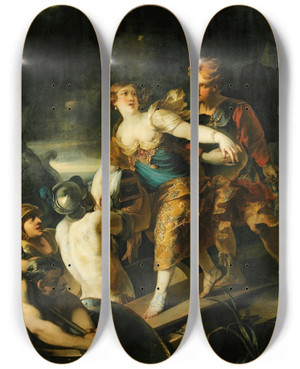 Triptych art skateboard deck of Isaac Moillon The Rape Of Helen by Isaac Moillon (1614-1673)