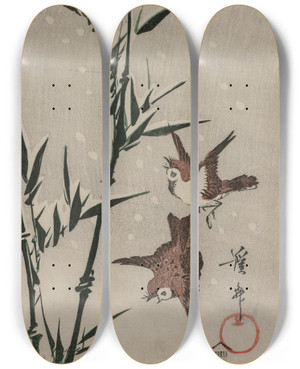 Triptych art skateboard deck of Keisai Eisen Sparrows Bamboo And Falling Snow by Keisai Eisen (1790-1848)