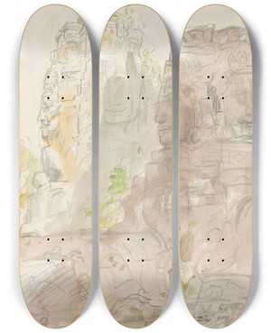 Triptych art skateboard deck of Marius Bauer Uit Steen Gehouwen Hoofden Van Brahma Bij De Bayontempel In Cambodja by Marius Bauer (1867-1932)